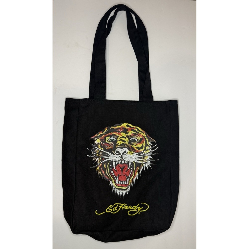 Ed Hardy Canvas Tote Tiger Rhinestone Embellished Black Bag Y2K 100% Cotton